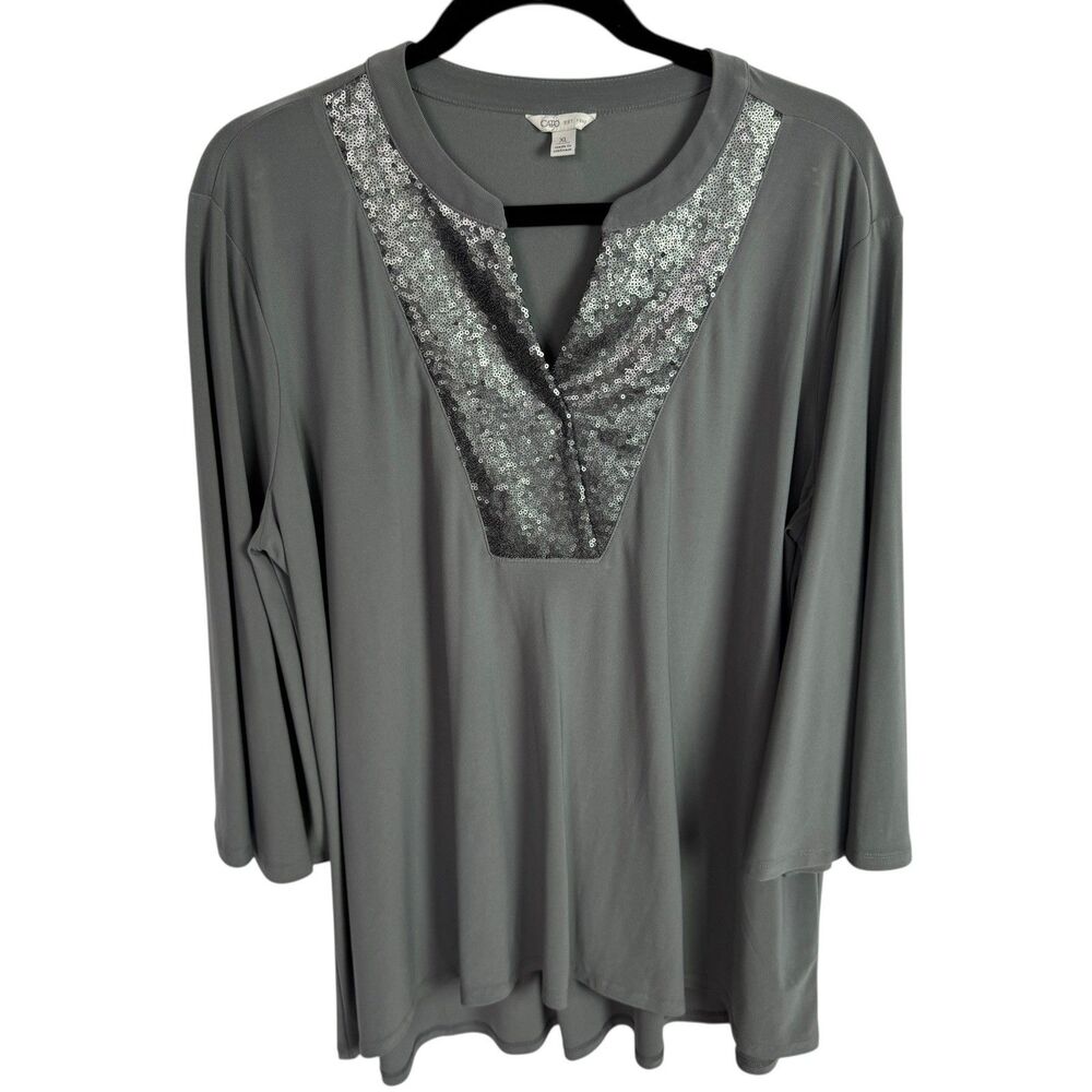 Cato Women's Tunic Top Blouse Size XL Gray w/Sequins 3/4 Sleeves